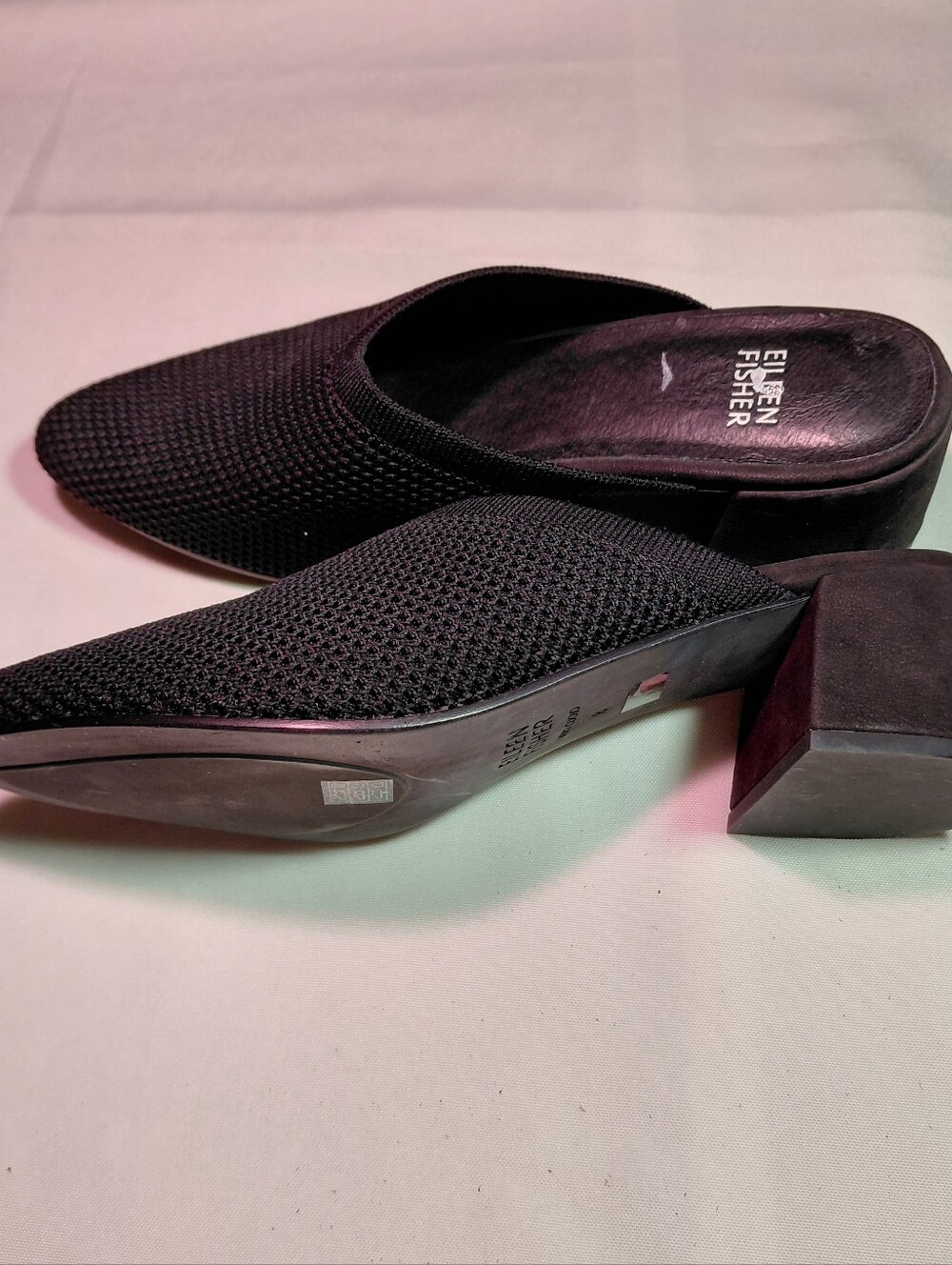 Eileen Fisher Black Gest Knit Block Heel Pointed Toe Mules NWOB Size 8M - Picture 7 of 8